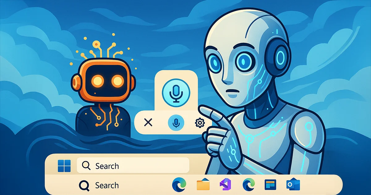 Ein Roboter drückt den Voice Knopf vom Windows Copilot